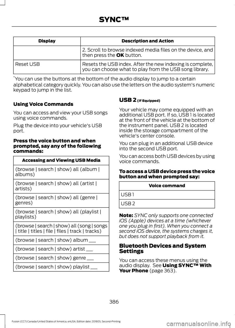 FORD FUSION 2019 Owners Manual Description and Action
Display
2. Scroll to browse indexed media files on the device, and
then press the OK button.
Resets the USB index. After the new indexing is complete,
you can choose what to pla FORD FUSION 2019 Owners Manual Description and Action
Display
2. Scroll to browse indexed media files on the device, and
then press the OK button.
Resets the USB index. After the new indexing is complete,
you can choose what to pla