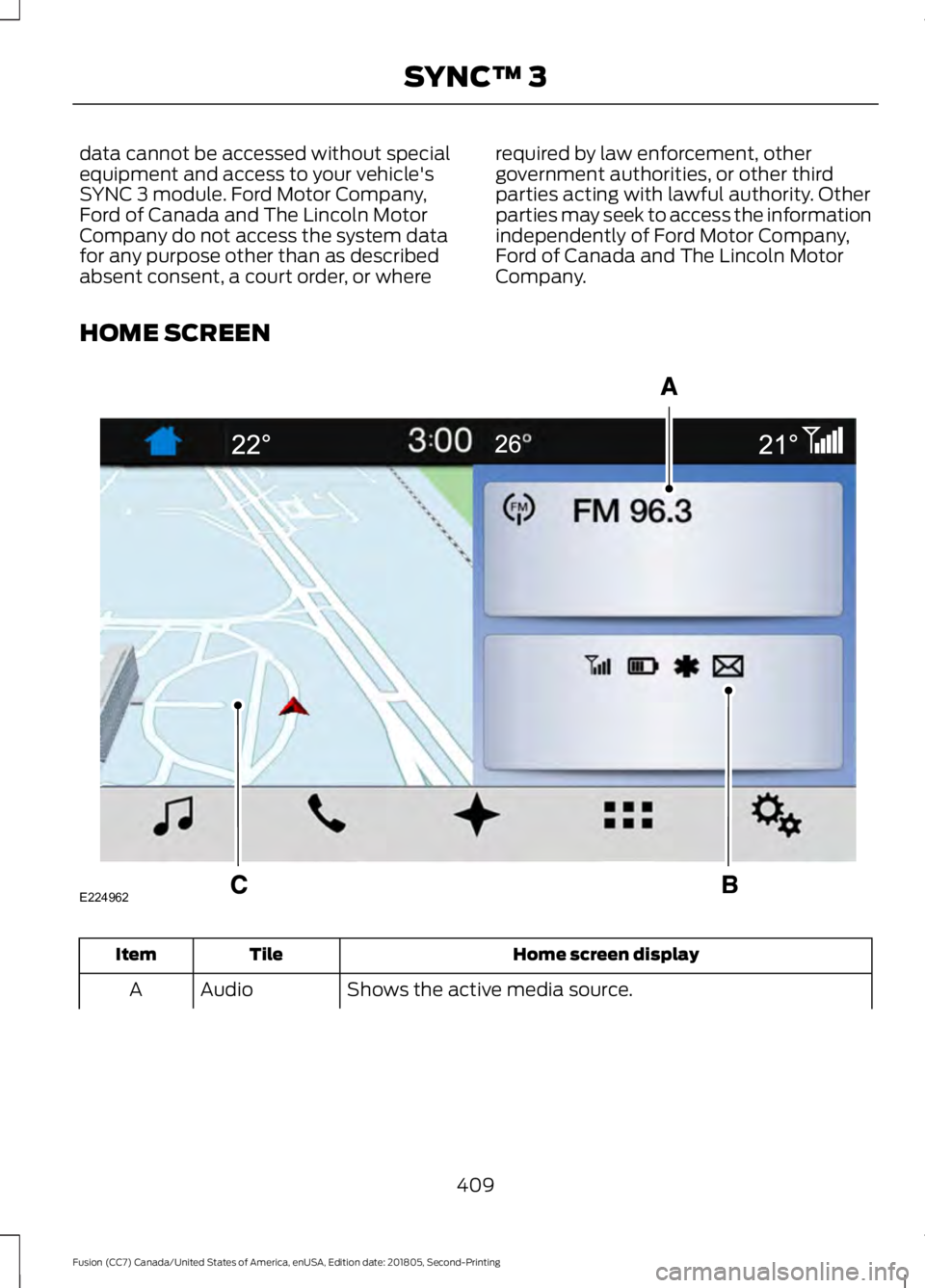 FORD FUSION 2019 Owners Manual data cannot be accessed without special
equipment and access to your vehicle's
SYNC 3 module. Ford Motor Company,
Ford of Canada and The Lincoln Motor
Company do not access the system data
for any FORD FUSION 2019 Owners Manual data cannot be accessed without special
equipment and access to your vehicle's
SYNC 3 module. Ford Motor Company,
Ford of Canada and The Lincoln Motor
Company do not access the system data
for any