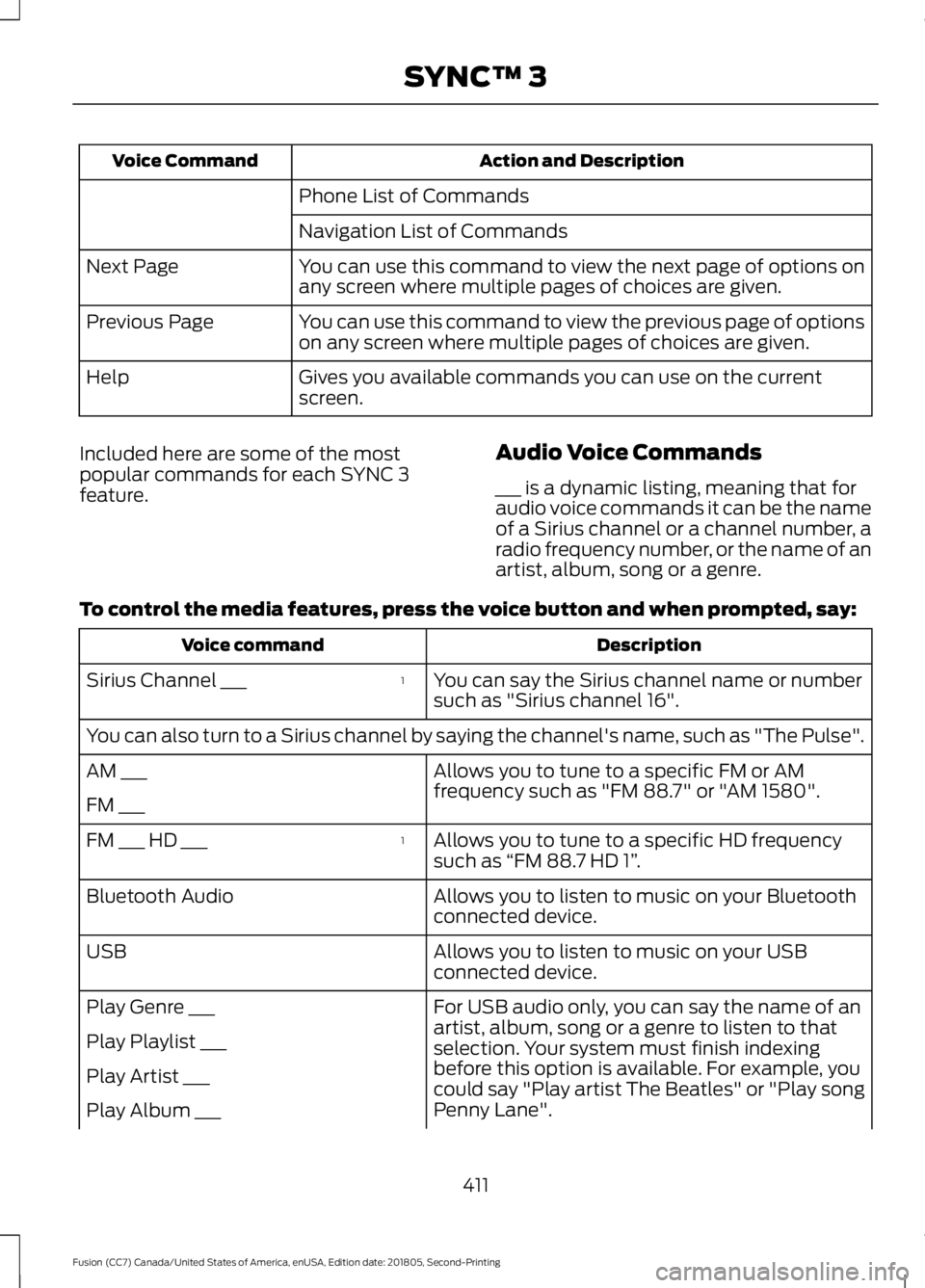 FORD FUSION 2019 Owners Manual Action and Description
Voice Command
Phone List of Commands
Navigation List of Commands
You can use this command to view the next page of options on
any screen where multiple pages of choices are give FORD FUSION 2019 Owners Manual Action and Description
Voice Command
Phone List of Commands
Navigation List of Commands
You can use this command to view the next page of options on
any screen where multiple pages of choices are give