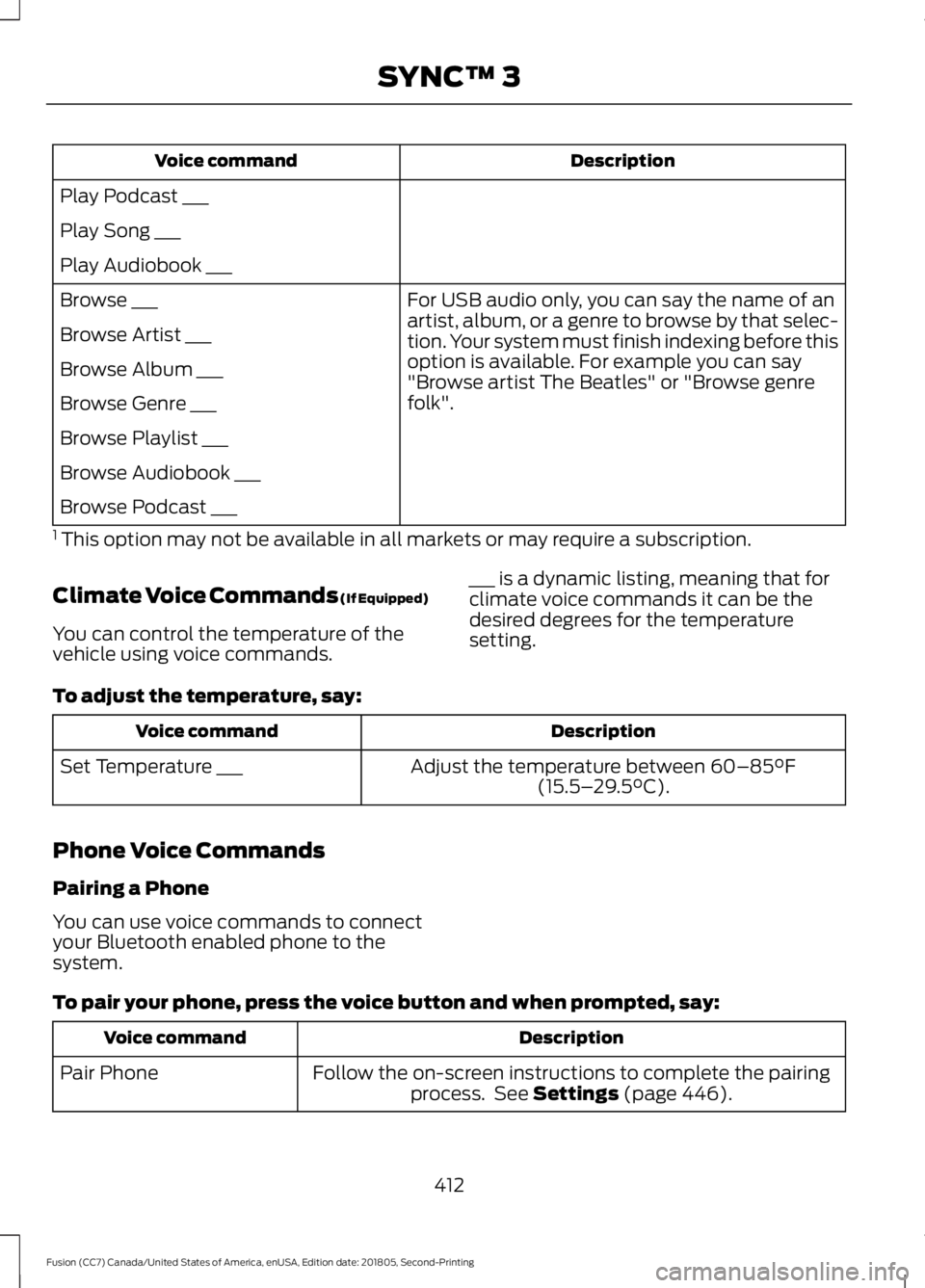 FORD FUSION 2019 Owners Manual Description
Voice command
Play Podcast ___
Play Song ___
Play Audiobook ___ For USB audio only, you can say the name of an
artist, album, or a genre to browse by that selec-
tion. Your system must fin FORD FUSION 2019 Owners Manual Description
Voice command
Play Podcast ___
Play Song ___
Play Audiobook ___ For USB audio only, you can say the name of an
artist, album, or a genre to browse by that selec-
tion. Your system must fin