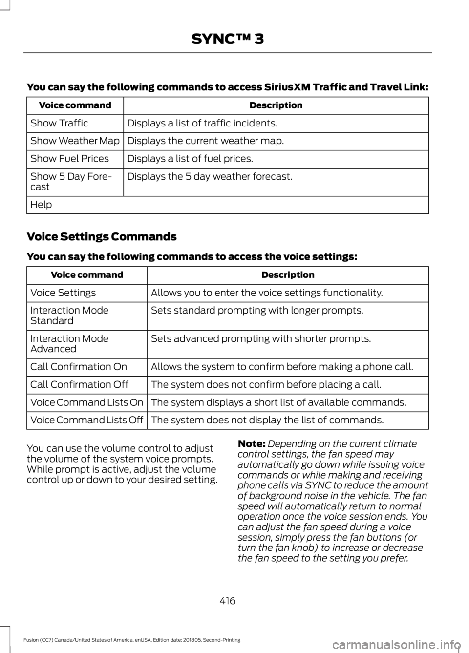 FORD FUSION 2019 Owners Manual You can say the following commands to access SiriusXM Traffic and Travel Link:
Description
Voice command
Displays a list of traffic incidents.
Show Traffic
Displays the current weather map.
Show Weath FORD FUSION 2019 Owners Manual You can say the following commands to access SiriusXM Traffic and Travel Link:
Description
Voice command
Displays a list of traffic incidents.
Show Traffic
Displays the current weather map.
Show Weath