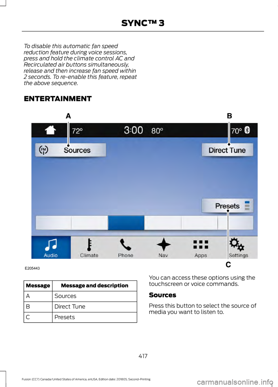 FORD FUSION 2019 Owners Manual To disable this automatic fan speed
reduction feature during voice sessions,
press and hold the climate control AC and
Recirculated air buttons simultaneously,
release and then increase fan speed with FORD FUSION 2019 Owners Manual To disable this automatic fan speed
reduction feature during voice sessions,
press and hold the climate control AC and
Recirculated air buttons simultaneously,
release and then increase fan speed with
