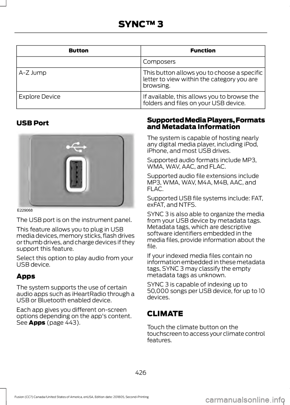 FORD FUSION 2019 Owners Manual Function
Button
Composers
This button allows you to choose a specific
letter to view within the category you are
browsing.
A-Z Jump
If available, this allows you to browse the
folders and files on you FORD FUSION 2019 Owners Manual Function
Button
Composers
This button allows you to choose a specific
letter to view within the category you are
browsing.
A-Z Jump
If available, this allows you to browse the
folders and files on you