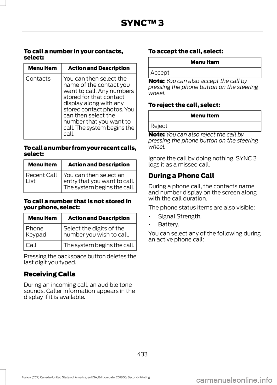 FORD FUSION 2019 Owners Manual To call a number in your contacts,
select:
Action and Description
Menu Item
You can then select the
name of the contact you
want to call. Any numbers
stored for that contact
display along with any
sto FORD FUSION 2019 Owners Manual To call a number in your contacts,
select:
Action and Description
Menu Item
You can then select the
name of the contact you
want to call. Any numbers
stored for that contact
display along with any
sto