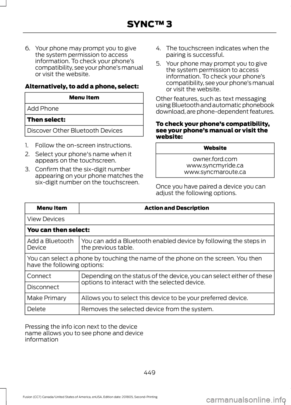 FORD FUSION 2019 Owners Manual 6. Your phone may prompt you to give
the system permission to access
information. To check your phone ’s
compatibility, see your phone ’s manual
or visit the website.
Alternatively, to add a phone FORD FUSION 2019 Owners Manual 6. Your phone may prompt you to give
the system permission to access
information. To check your phone ’s
compatibility, see your phone ’s manual
or visit the website.
Alternatively, to add a phone
