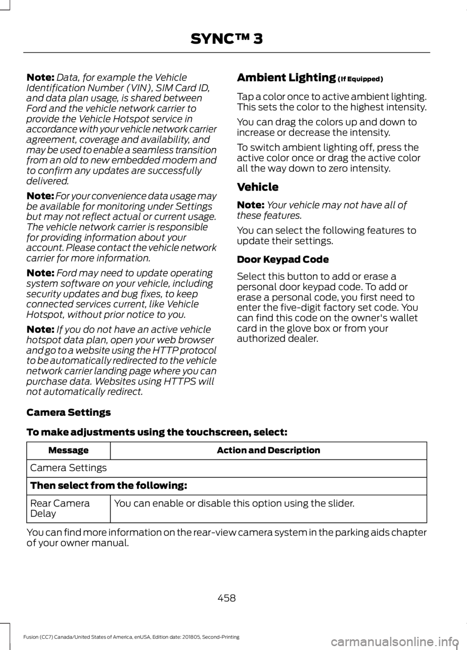 FORD FUSION 2019 Owners Manual Note:
Data, for example the Vehicle
Identification Number (VIN), SIM Card ID,
and data plan usage, is shared between
Ford and the vehicle network carrier to
provide the Vehicle Hotspot service in
acco FORD FUSION 2019 Owners Manual Note:
Data, for example the Vehicle
Identification Number (VIN), SIM Card ID,
and data plan usage, is shared between
Ford and the vehicle network carrier to
provide the Vehicle Hotspot service in
acco
