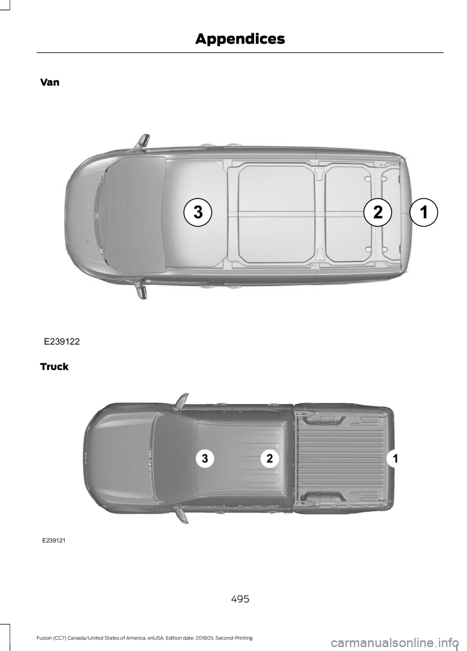 FORD FUSION 2019  Owners Manual Van
Truck
495
Fusion (CC7) Canada/United States of America, enUSA, Edition date: 201805, Second-Printing AppendicesE239122 E239121  