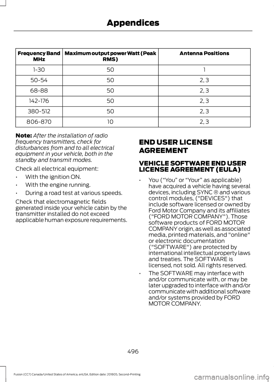 FORD FUSION 2019 Owners Manual Antenna Positions
Maximum output power Watt (Peak
RMS)
Frequency Band
MHz
1
50
1-30
2, 3
50
50-54
2, 3
50
68-88
2, 3
50
142-176
2, 3
50
380-512
2, 3
10
806-870
Note: After the installation of radio
fr FORD FUSION 2019 Owners Manual Antenna Positions
Maximum output power Watt (Peak
RMS)
Frequency Band
MHz
1
50
1-30
2, 3
50
50-54
2, 3
50
68-88
2, 3
50
142-176
2, 3
50
380-512
2, 3
10
806-870
Note: After the installation of radio
fr