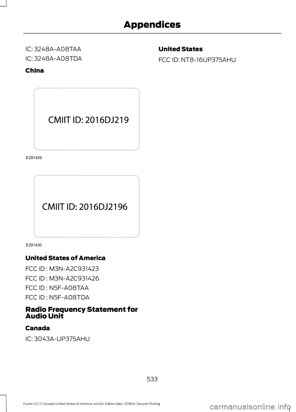 FORD FUSION 2019 Owners Manual IC: 3248A-A08TAA
IC: 3248A-A08TDA
China
United States of America
FCC ID : M3N-A2C931423
FCC ID : M3N-A2C931426
FCC ID : N5F-A08TAA
FCC ID : N5F-A08TDA
Radio Frequency Statement for
Audio Unit
Canada
I FORD FUSION 2019 Owners Manual IC: 3248A-A08TAA
IC: 3248A-A08TDA
China
United States of America
FCC ID : M3N-A2C931423
FCC ID : M3N-A2C931426
FCC ID : N5F-A08TAA
FCC ID : N5F-A08TDA
Radio Frequency Statement for
Audio Unit
Canada
I