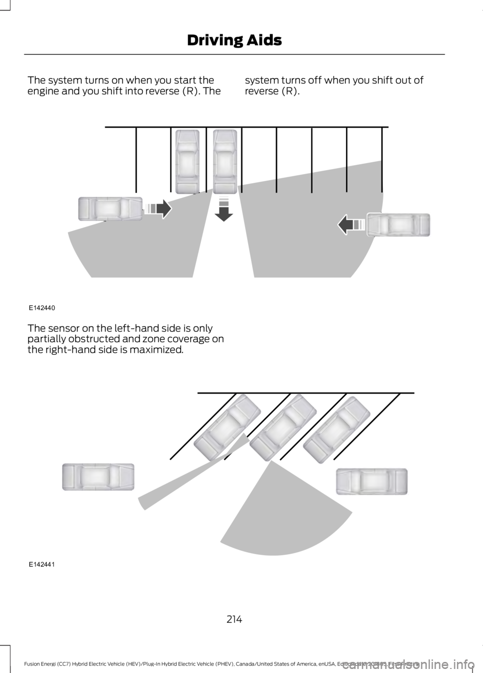 FORD FUSION HYBRID 2019 Owners Manual The system turns on when you start the
engine and you shift into reverse (R). The
system turns off when you shift out of
reverse (R).The sensor on the left-hand side is only
partially obstructed and z FORD FUSION HYBRID 2019 Owners Manual The system turns on when you start the
engine and you shift into reverse (R). The
system turns off when you shift out of
reverse (R).The sensor on the left-hand side is only
partially obstructed and z