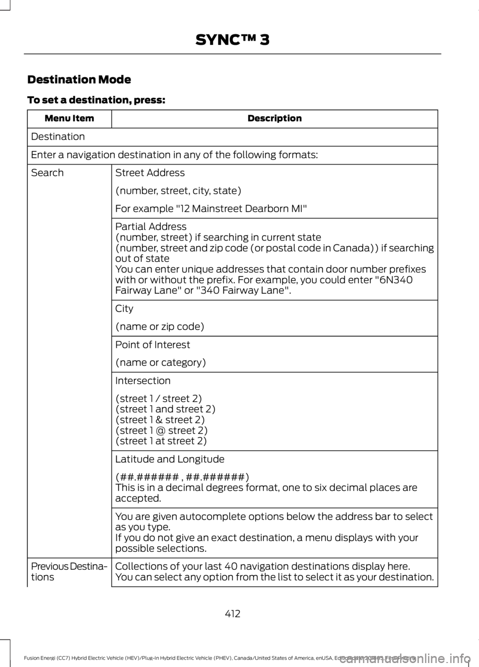 FORD FUSION HYBRID 2019 Owners Manual Destination Mode
To set a destination, press:
Description
Menu Item
Destination
Enter a navigation destination in any of the following formats: Street Address
Search
(number, street, city, state)
For FORD FUSION HYBRID 2019 Owners Manual Destination Mode
To set a destination, press:
Description
Menu Item
Destination
Enter a navigation destination in any of the following formats: Street Address
Search
(number, street, city, state)
For