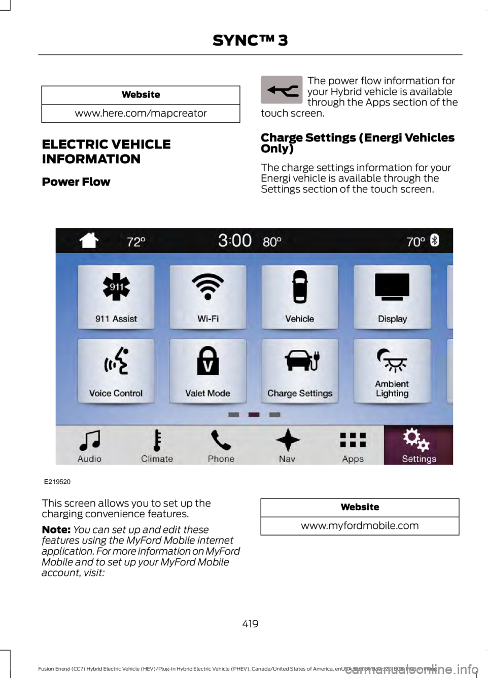 FORD FUSION HYBRID 2019 Owners Manual Website
www.here.com/mapcreator
ELECTRIC VEHICLE
INFORMATION
Power Flow The power flow information for
your Hybrid vehicle is available
through the Apps section of the
touch screen.
Charge Settings (E FORD FUSION HYBRID 2019 Owners Manual Website
www.here.com/mapcreator
ELECTRIC VEHICLE
INFORMATION
Power Flow The power flow information for
your Hybrid vehicle is available
through the Apps section of the
touch screen.
Charge Settings (E