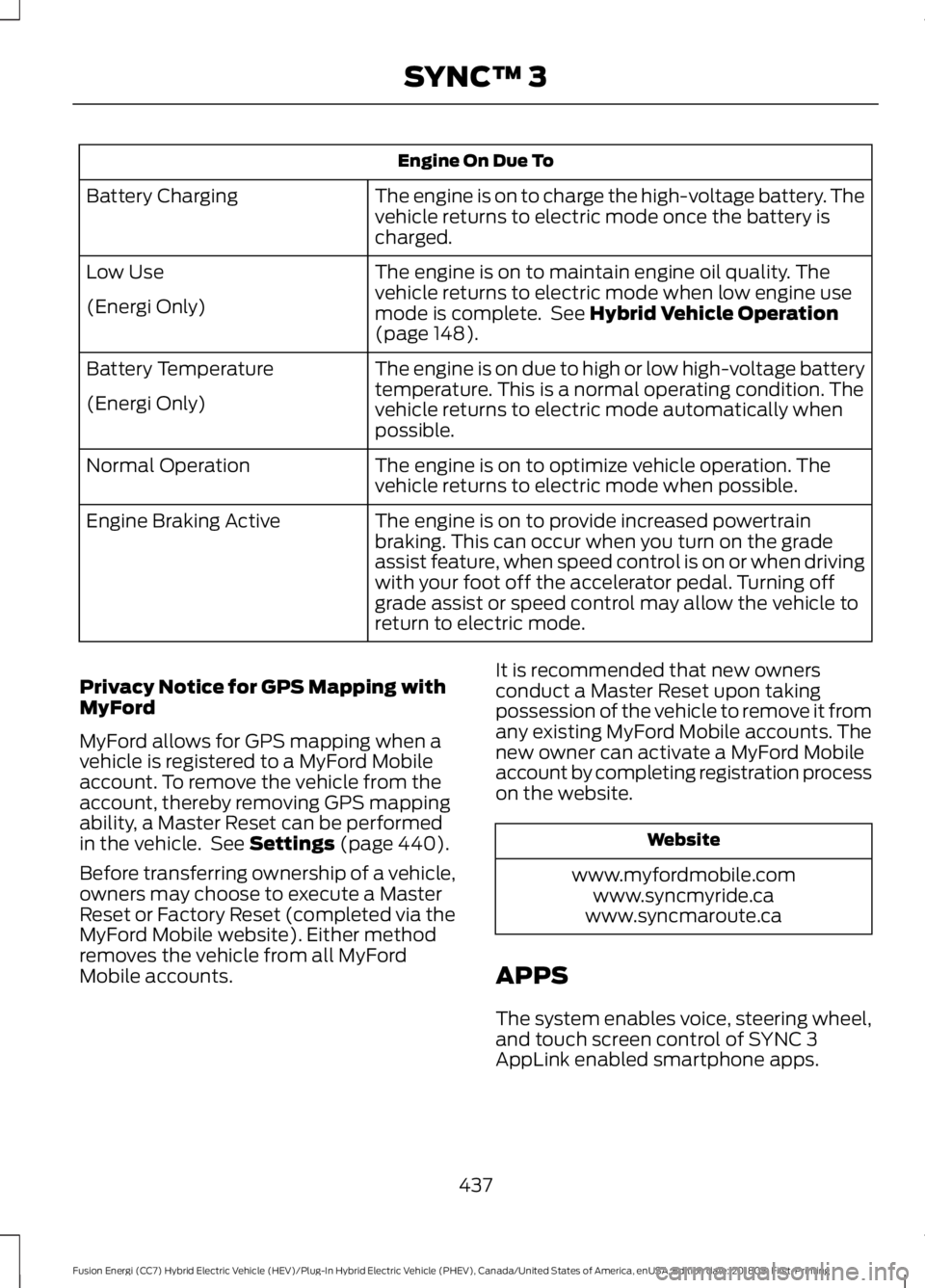 FORD FUSION HYBRID 2019  Owners Manual Engine On Due To
The engine is on to charge the high-voltage battery. The
vehicle returns to electric mode once the battery is
charged.
Battery Charging
The engine is on to maintain engine oil quality