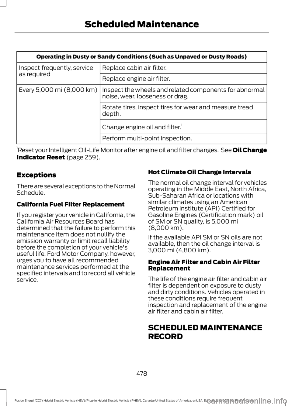 FORD FUSION HYBRID 2019  Owners Manual Operating in Dusty or Sandy Conditions (Such as Unpaved or Dusty Roads)
Replace cabin air filter.
Inspect frequently, service
as required
Replace engine air filter.
Inspect the wheels and related comp