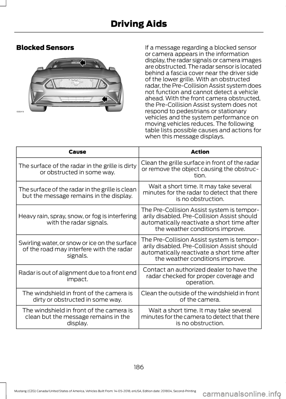 FORD MUSTANG 2019  Owners Manual Blocked Sensors If a message regarding a blocked sensor
or camera appears in the information
display, the radar signals or camera images
are obstructed. The radar sensor is located
behind a fascia cov