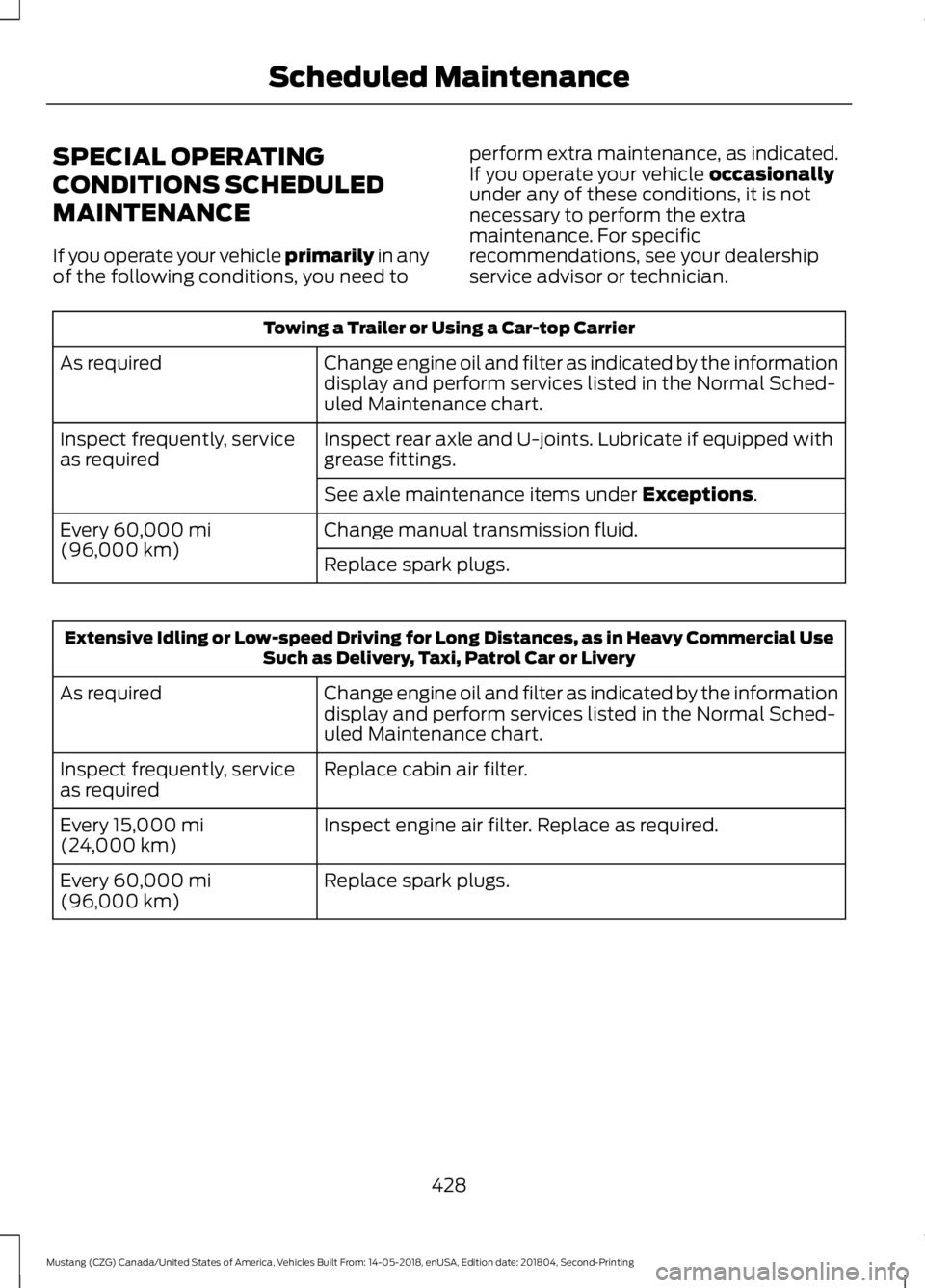 FORD MUSTANG 2019  Owners Manual SPECIAL OPERATING
CONDITIONS SCHEDULED
MAINTENANCE
If you operate your vehicle primarily in any
of the following conditions, you need to perform extra maintenance, as indicated.
If you operate your ve