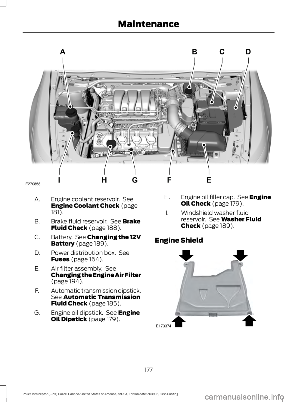 FORD POLICE INTERCEPTOR 2019  Owners Manual Engine coolant reservoir.  See
Engine Coolant Check (page
181).
A.
Brake fluid reservoir.  See 
Brake
Fluid Check (page 188).
B.
Battery.  See 
Changing the 12V
Battery (page 189).
C.
Power distributi