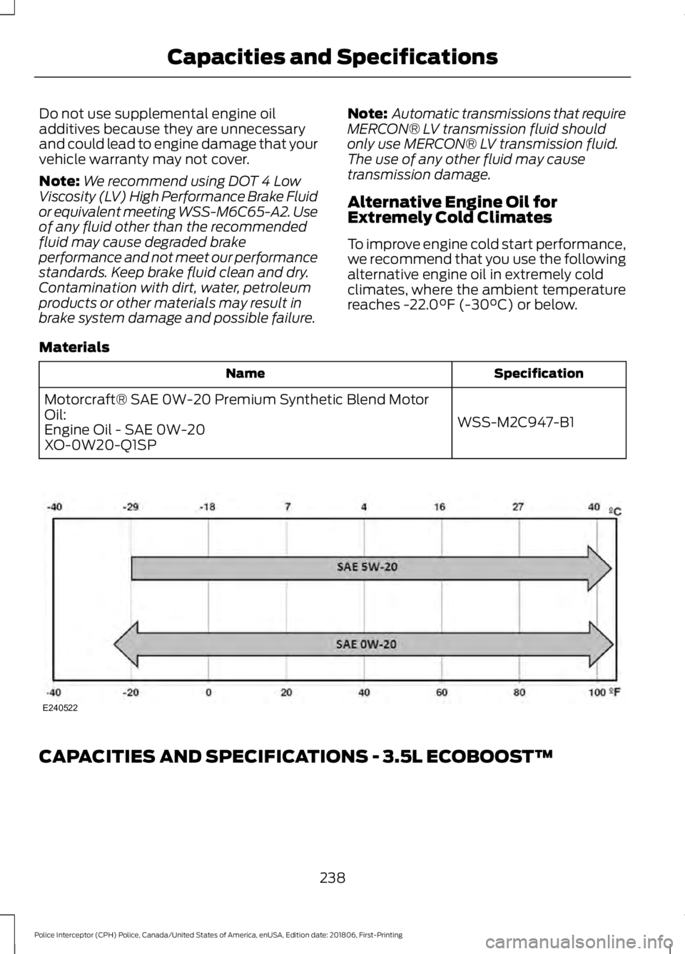 FORD POLICE INTERCEPTOR 2019 Owners Manual Do not use supplemental engine oil
additives because they are unnecessary
and could lead to engine damage that your
vehicle warranty may not cover.
Note:
We recommend using DOT 4 Low
Viscosity (LV) Hi FORD POLICE INTERCEPTOR 2019 Owners Manual Do not use supplemental engine oil
additives because they are unnecessary
and could lead to engine damage that your
vehicle warranty may not cover.
Note:
We recommend using DOT 4 Low
Viscosity (LV) Hi