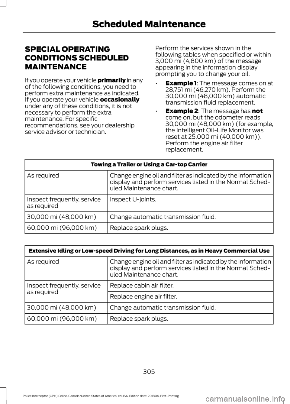 FORD POLICE INTERCEPTOR 2019 Owners Manual SPECIAL OPERATING
CONDITIONS SCHEDULED
MAINTENANCE
If you operate your vehicle primarily in any
of the following conditions, you need to
perform extra maintenance as indicated.
If you operate your veh FORD POLICE INTERCEPTOR 2019 Owners Manual SPECIAL OPERATING
CONDITIONS SCHEDULED
MAINTENANCE
If you operate your vehicle primarily in any
of the following conditions, you need to
perform extra maintenance as indicated.
If you operate your veh