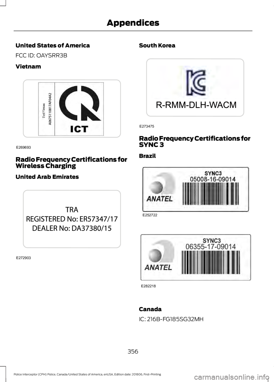 FORD POLICE INTERCEPTOR 2019  Owners Manual United States of America
FCC ID: OAYSRR3B
Vietnam
Radio Frequency Certifications for
Wireless Charging
United Arab Emirates South Korea
Radio Frequency Certifications for
SYNC 3
Brazil
Canada
IC: 216B