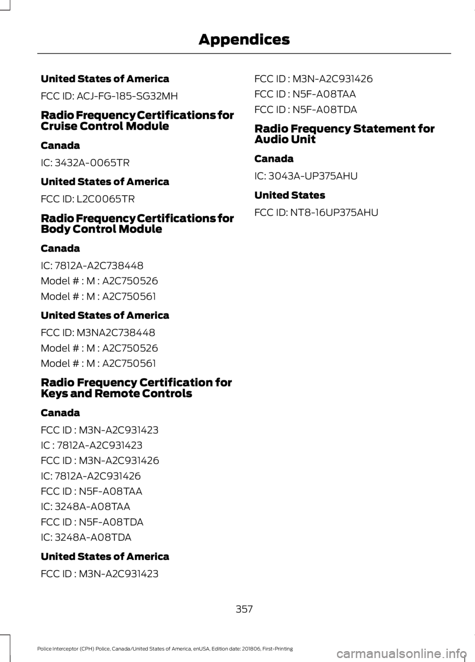 FORD POLICE INTERCEPTOR 2019  Owners Manual United States of America
FCC ID: ACJ-FG-185-SG32MH
Radio Frequency Certifications for
Cruise Control Module
Canada
IC: 3432A-0065TR
United States of America
FCC ID: L2C0065TR
Radio Frequency Certifica
