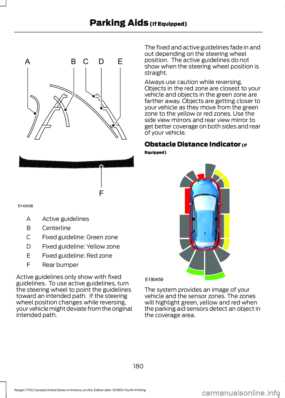 FORD RANGER 2019 Owners Manual Active guidelines
A
Centerline
B
Fixed guideline: Green zone
C
Fixed guideline: Yellow zone
D
Fixed guideline: Red zone
E
Rear bumper
F
Active guidelines only show with fixed
guidelines. To use activ FORD RANGER 2019 Owners Manual Active guidelines
A
Centerline
B
Fixed guideline: Green zone
C
Fixed guideline: Yellow zone
D
Fixed guideline: Red zone
E
Rear bumper
F
Active guidelines only show with fixed
guidelines. To use activ