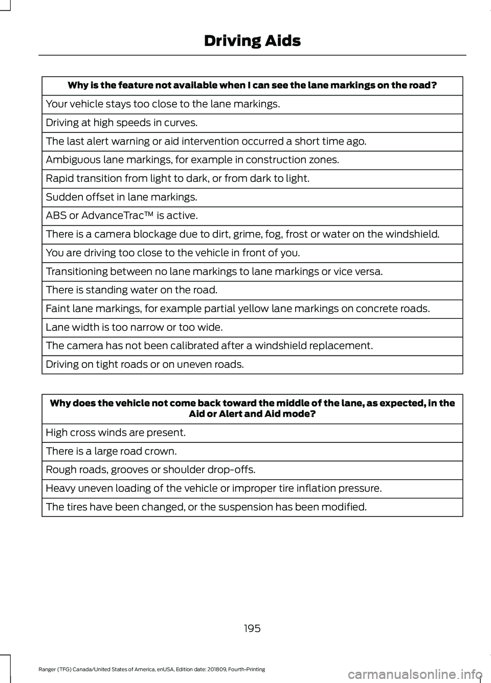 FORD RANGER 2019 Owners Manual Why is the feature not available when I can see the lane markings on the road?
Your vehicle stays too close to the lane markings.
Driving at high speeds in curves.
The last alert warning or aid interv FORD RANGER 2019 Owners Manual Why is the feature not available when I can see the lane markings on the road?
Your vehicle stays too close to the lane markings.
Driving at high speeds in curves.
The last alert warning or aid interv