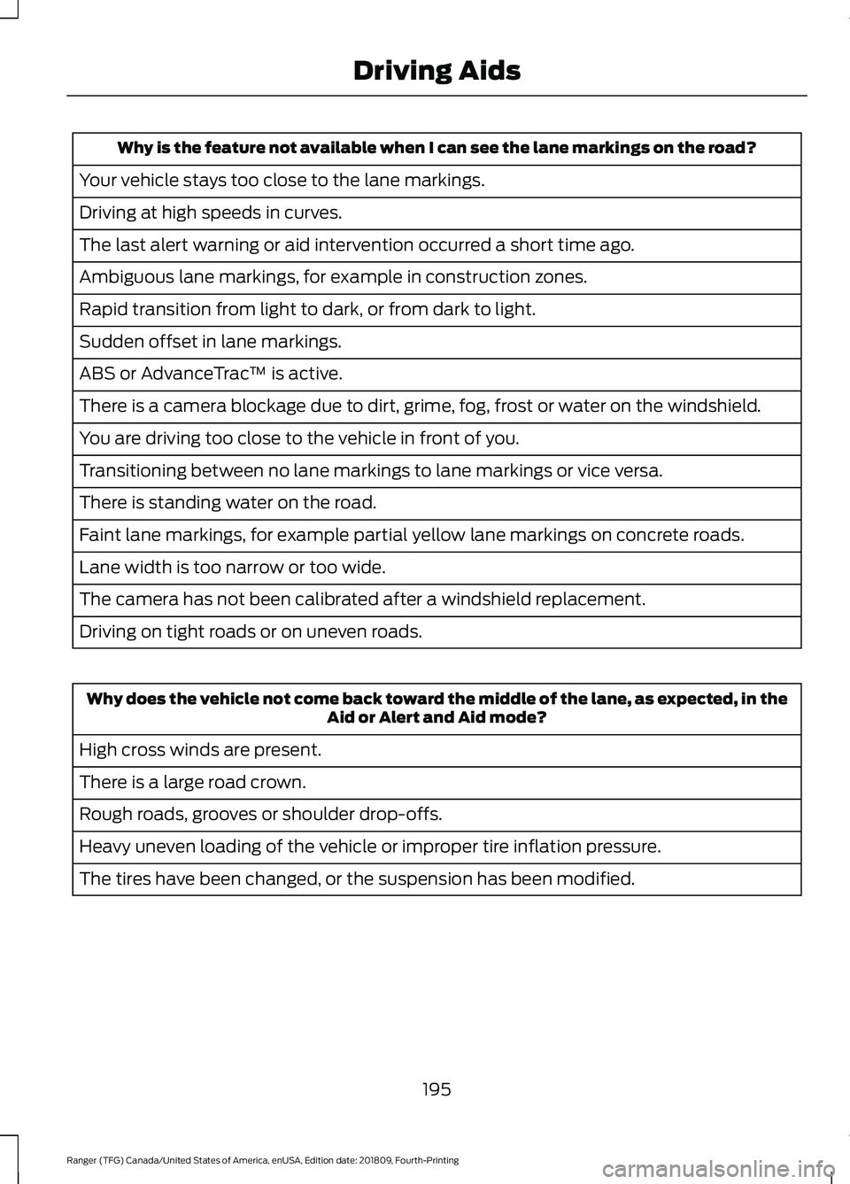 FORD RANGER 2019  Owners Manual Why is the feature not available when I can see the lane markings on the road?
Your vehicle stays too close to the lane markings.
Driving at high speeds in curves.
The last alert warning or aid interv