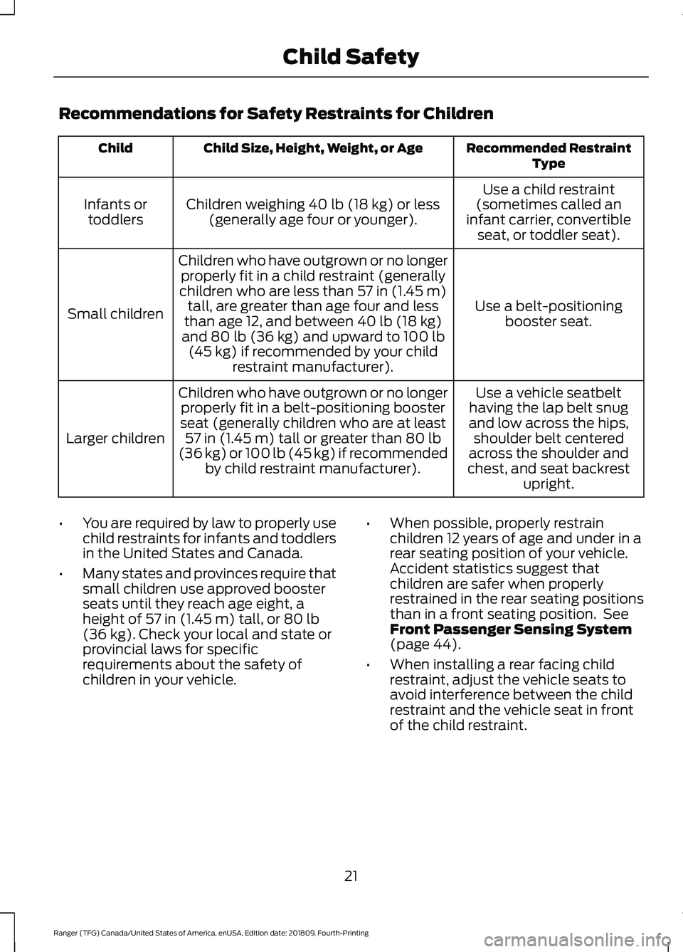 FORD RANGER 2019 Owners Manual Recommendations for Safety Restraints for Children
Recommended Restraint
Type
Child Size, Height, Weight, or Age
Child
Use a child restraint
(sometimes called an
infant carrier, convertible seat, or t FORD RANGER 2019 Owners Manual Recommendations for Safety Restraints for Children
Recommended Restraint
Type
Child Size, Height, Weight, or Age
Child
Use a child restraint
(sometimes called an
infant carrier, convertible seat, or t