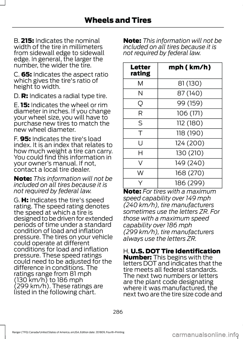 FORD RANGER 2019  Owners Manual B.
215: Indicates the nominal
width of the tire in millimeters
from sidewall edge to sidewall
edge. In general, the larger the
number, the wider the tire.
C. 65:
 Indicates the aspect ratio
which give