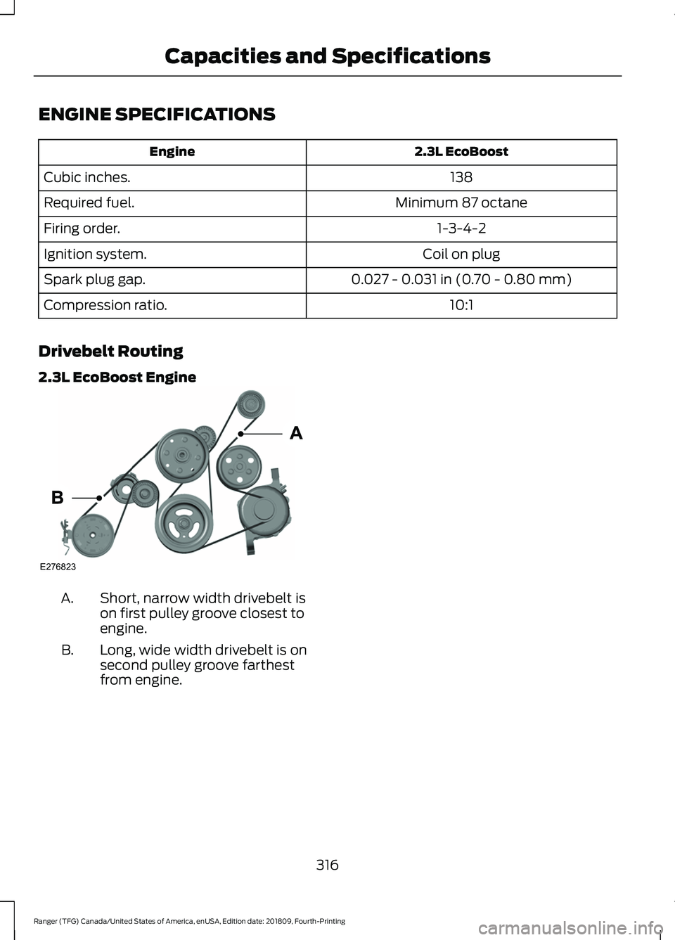 FORD RANGER 2019 Owners Manual ENGINE SPECIFICATIONS
2.3L EcoBoost
Engine
138
Cubic inches.
Minimum 87 octane
Required fuel.
1-3-4-2
Firing order.
Coil on plug
Ignition system.
0.027 - 0.031 in (0.70 - 0.80 mm)
Spark plug gap.
10:1 FORD RANGER 2019 Owners Manual ENGINE SPECIFICATIONS
2.3L EcoBoost
Engine
138
Cubic inches.
Minimum 87 octane
Required fuel.
1-3-4-2
Firing order.
Coil on plug
Ignition system.
0.027 - 0.031 in (0.70 - 0.80 mm)
Spark plug gap.
10:1