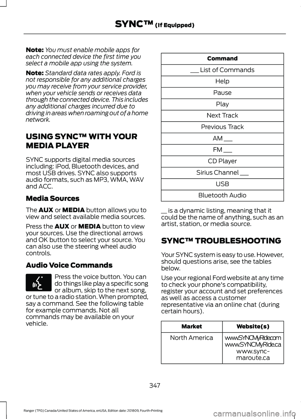 FORD RANGER 2019 Owners Manual Note:
You must enable mobile apps for
each connected device the first time you
select a mobile app using the system.
Note: Standard data rates apply. Ford is
not responsible for any additional charges FORD RANGER 2019 Owners Manual Note:
You must enable mobile apps for
each connected device the first time you
select a mobile app using the system.
Note: Standard data rates apply. Ford is
not responsible for any additional charges