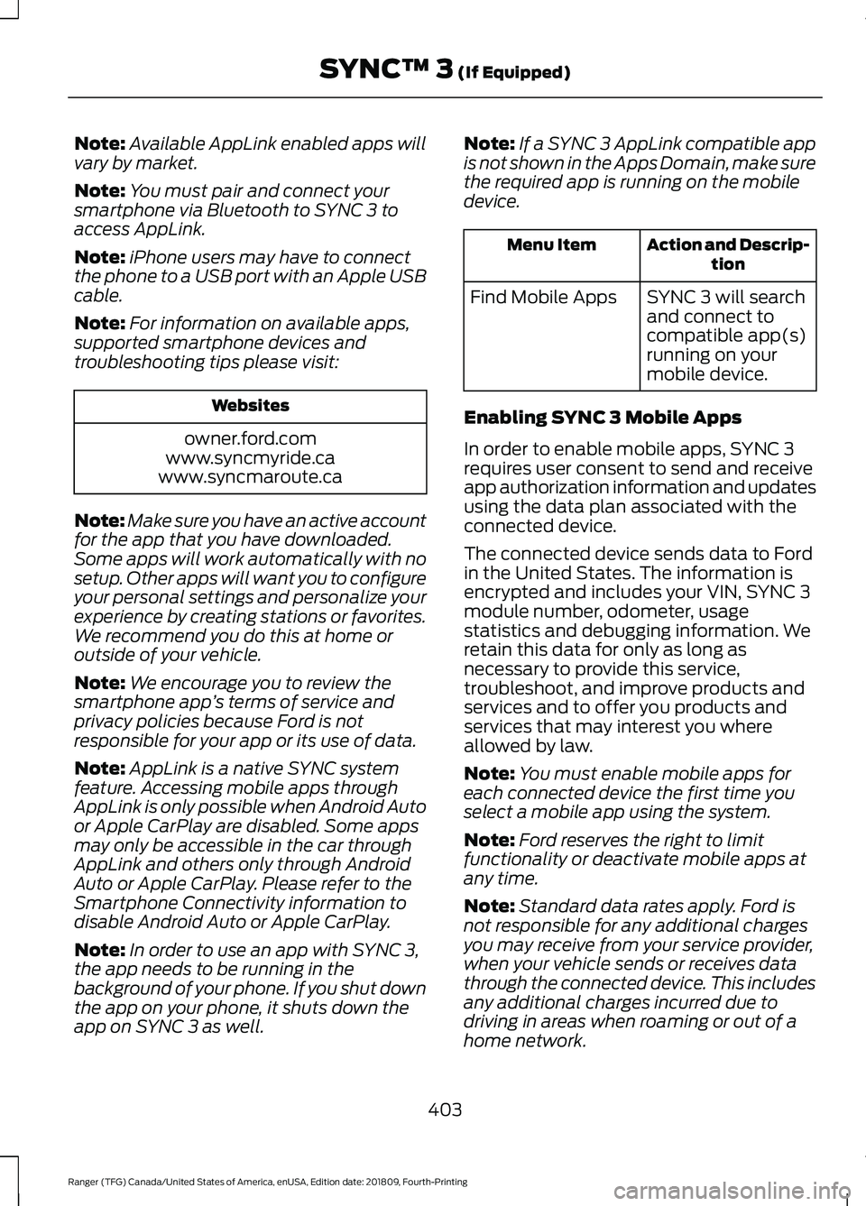 FORD RANGER 2019 Workshop Manual Note:
Available AppLink enabled apps will
vary by market.
Note: You must pair and connect your
smartphone via Bluetooth to SYNC 3 to
access AppLink.
Note: iPhone users may have to connect
the phone to FORD RANGER 2019 Workshop Manual Note:
Available AppLink enabled apps will
vary by market.
Note: You must pair and connect your
smartphone via Bluetooth to SYNC 3 to
access AppLink.
Note: iPhone users may have to connect
the phone to