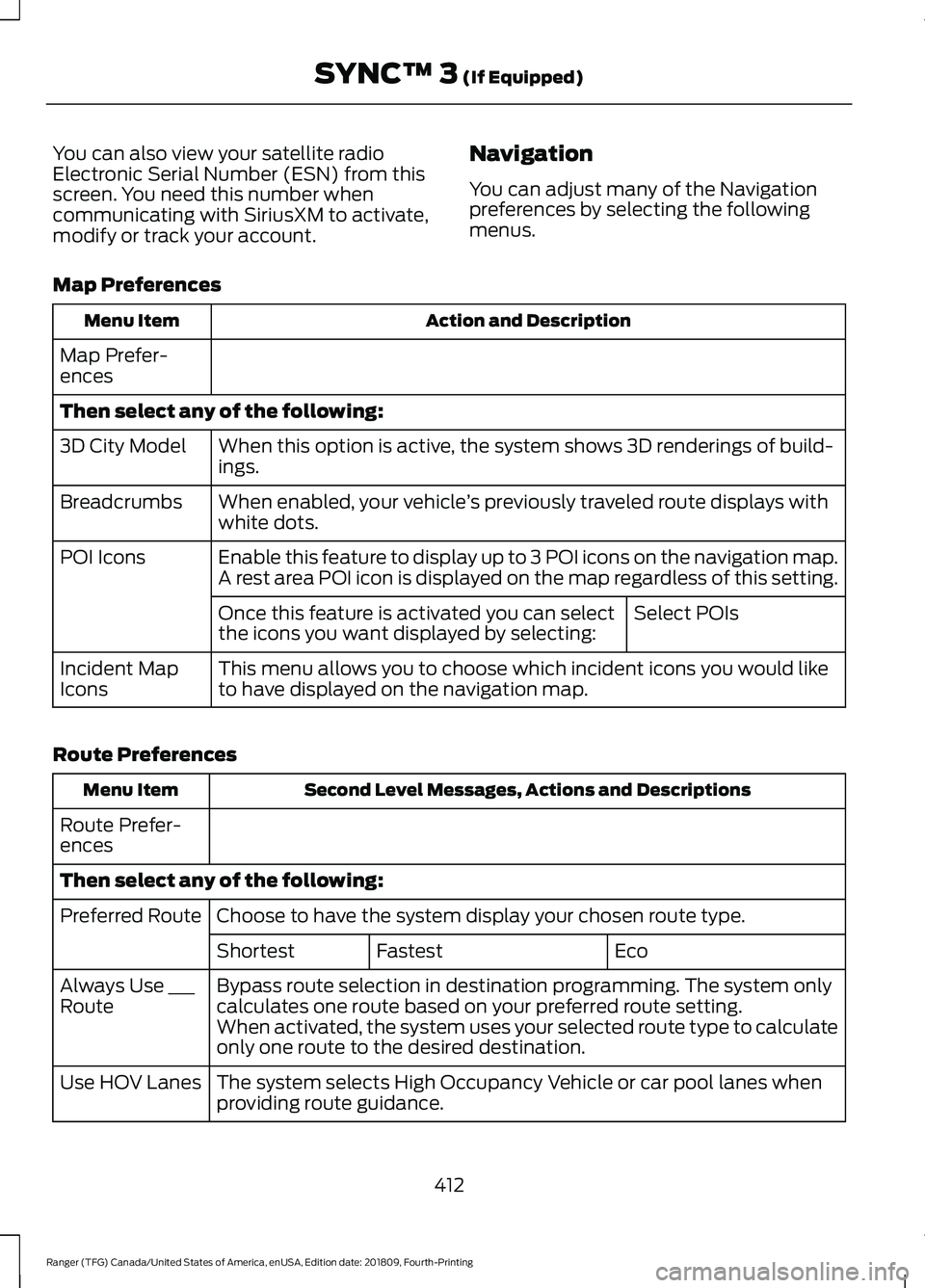 FORD RANGER 2019 Owners Manual You can also view your satellite radio
Electronic Serial Number (ESN) from this
screen. You need this number when
communicating with SiriusXM to activate,
modify or track your account.
Navigation
You FORD RANGER 2019 Owners Manual You can also view your satellite radio
Electronic Serial Number (ESN) from this
screen. You need this number when
communicating with SiriusXM to activate,
modify or track your account.
Navigation
You