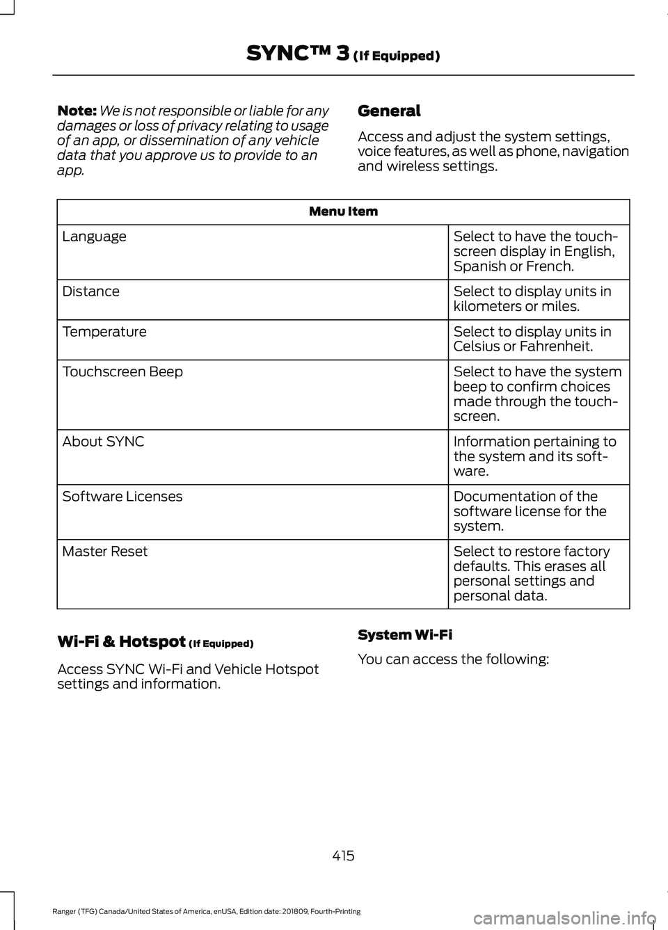 FORD RANGER 2019  Owners Manual Note:
We is not responsible or liable for any
damages or loss of privacy relating to usage
of an app, or dissemination of any vehicle
data that you approve us to provide to an
app. General
Access and 