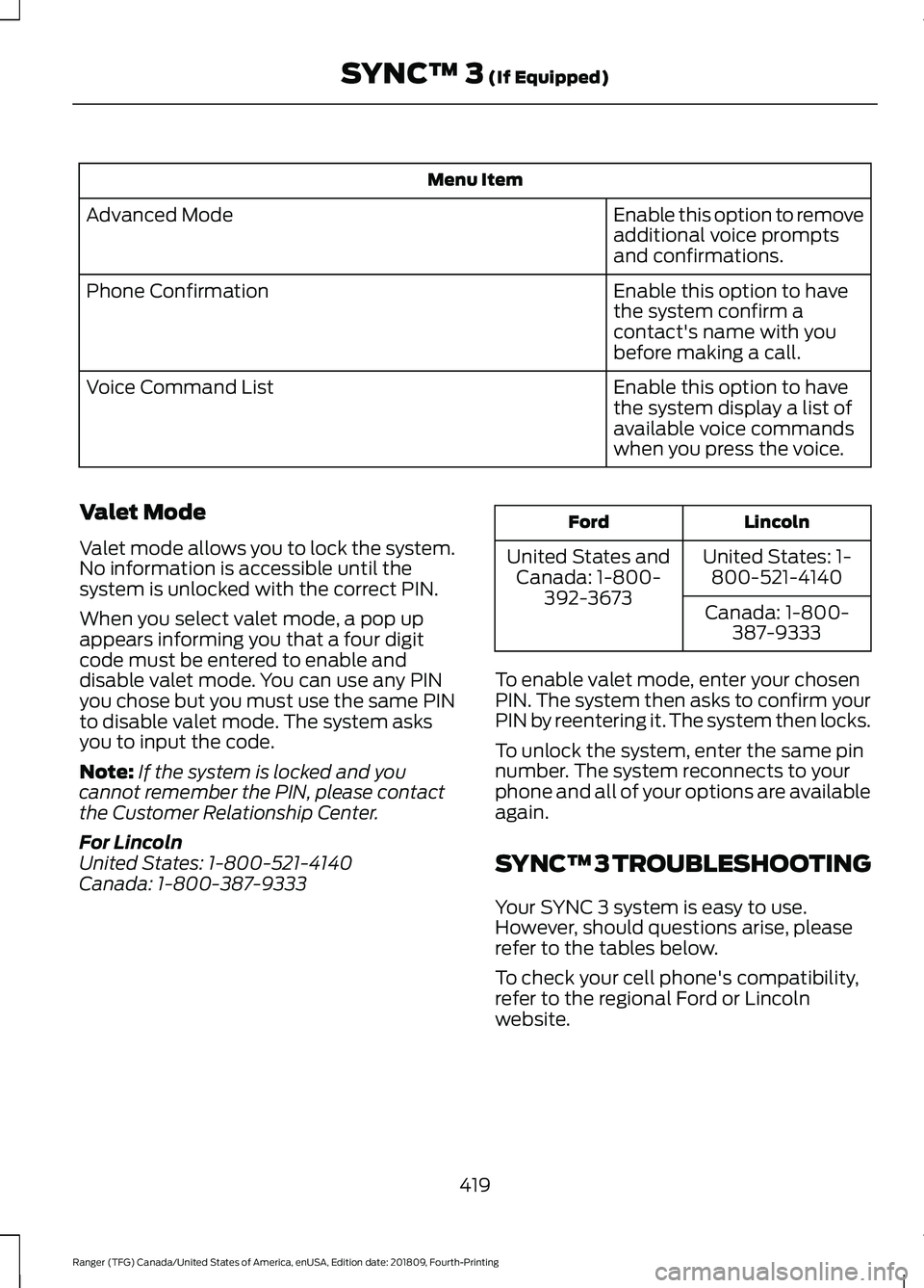 FORD RANGER 2019  Owners Manual Menu Item
Enable this option to remove
additional voice prompts
and confirmations.
Advanced Mode
Enable this option to have
the system confirm a
contact's name with you
before making a call.
Phone