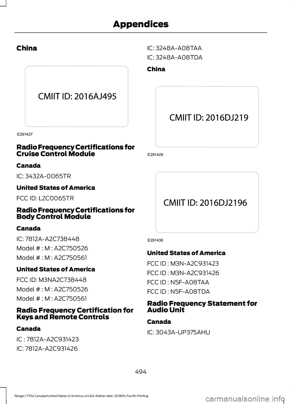 FORD RANGER 2019 Owners Manual China
Radio Frequency Certifications for
Cruise Control Module
Canada
IC: 3432A-0065TR
United States of America
FCC ID: L2C0065TR
Radio Frequency Certifications for
Body Control Module
Canada
IC: 7812 FORD RANGER 2019 Owners Manual China
Radio Frequency Certifications for
Cruise Control Module
Canada
IC: 3432A-0065TR
United States of America
FCC ID: L2C0065TR
Radio Frequency Certifications for
Body Control Module
Canada
IC: 7812