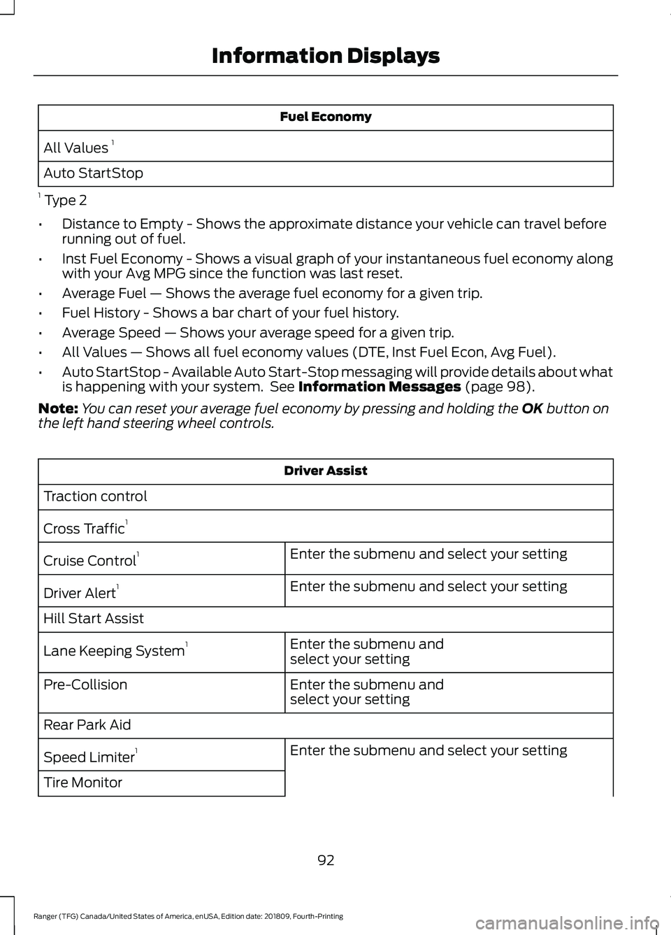 FORD RANGER 2019 Owners Manual Fuel Economy
All Values 1
Auto StartStop
1 Type 2
• Distance to Empty - Shows the approximate distance your vehicle can travel before
running out of fuel.
• Inst Fuel Economy - Shows a visual gr FORD RANGER 2019 Owners Manual Fuel Economy
All Values 1
Auto StartStop
1 Type 2
• Distance to Empty - Shows the approximate distance your vehicle can travel before
running out of fuel.
• Inst Fuel Economy - Shows a visual gr