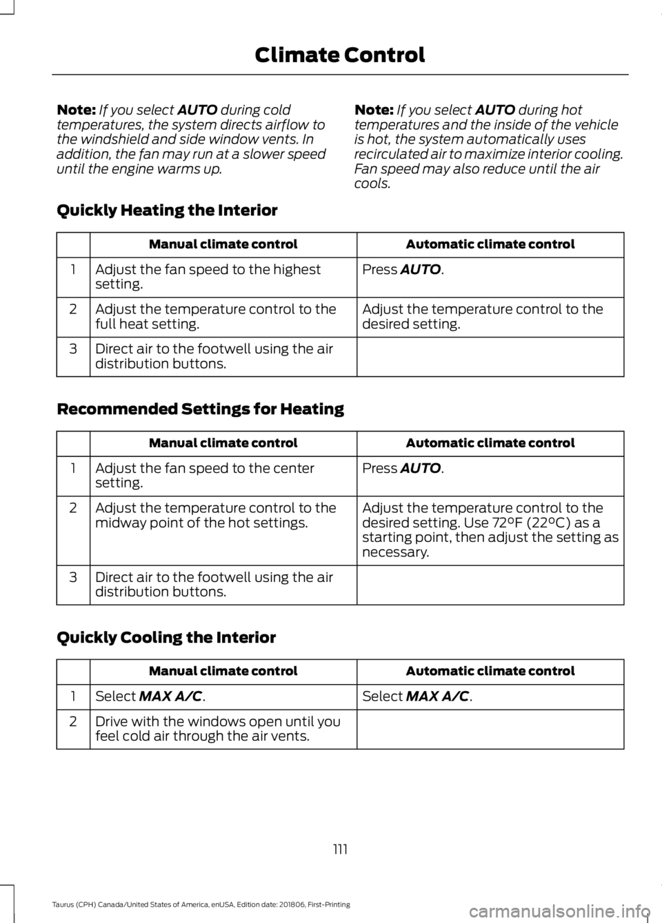 FORD TAURUS 2019 Owners Manual Note:
If you select AUTO during cold
temperatures, the system directs airflow to
the windshield and side window vents. In
addition, the fan may run at a slower speed
until the engine warms up. Note:
I FORD TAURUS 2019 Owners Manual Note:
If you select AUTO during cold
temperatures, the system directs airflow to
the windshield and side window vents. In
addition, the fan may run at a slower speed
until the engine warms up. Note:
I