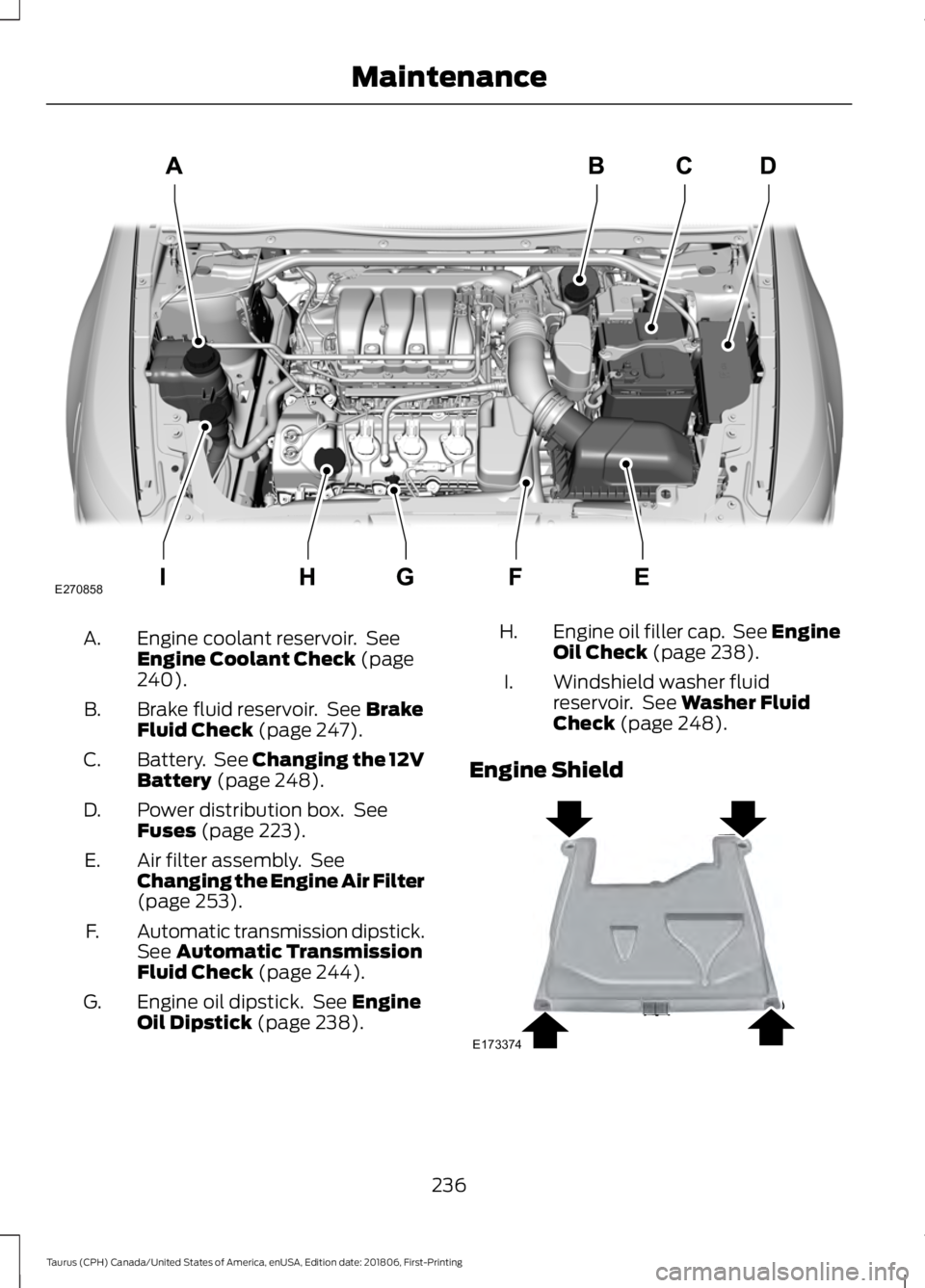 FORD TAURUS 2019 Owners Manual Engine coolant reservoir. See
Engine Coolant Check (page
240).
A.
Brake fluid reservoir. See
Brake
Fluid Check (page 247).
B.
Battery. See
Changing the 12V
Battery (page 248).
C.
Power distributi FORD TAURUS 2019 Owners Manual Engine coolant reservoir. See
Engine Coolant Check (page
240).
A.
Brake fluid reservoir. See
Brake
Fluid Check (page 247).
B.
Battery. See
Changing the 12V
Battery (page 248).
C.
Power distributi