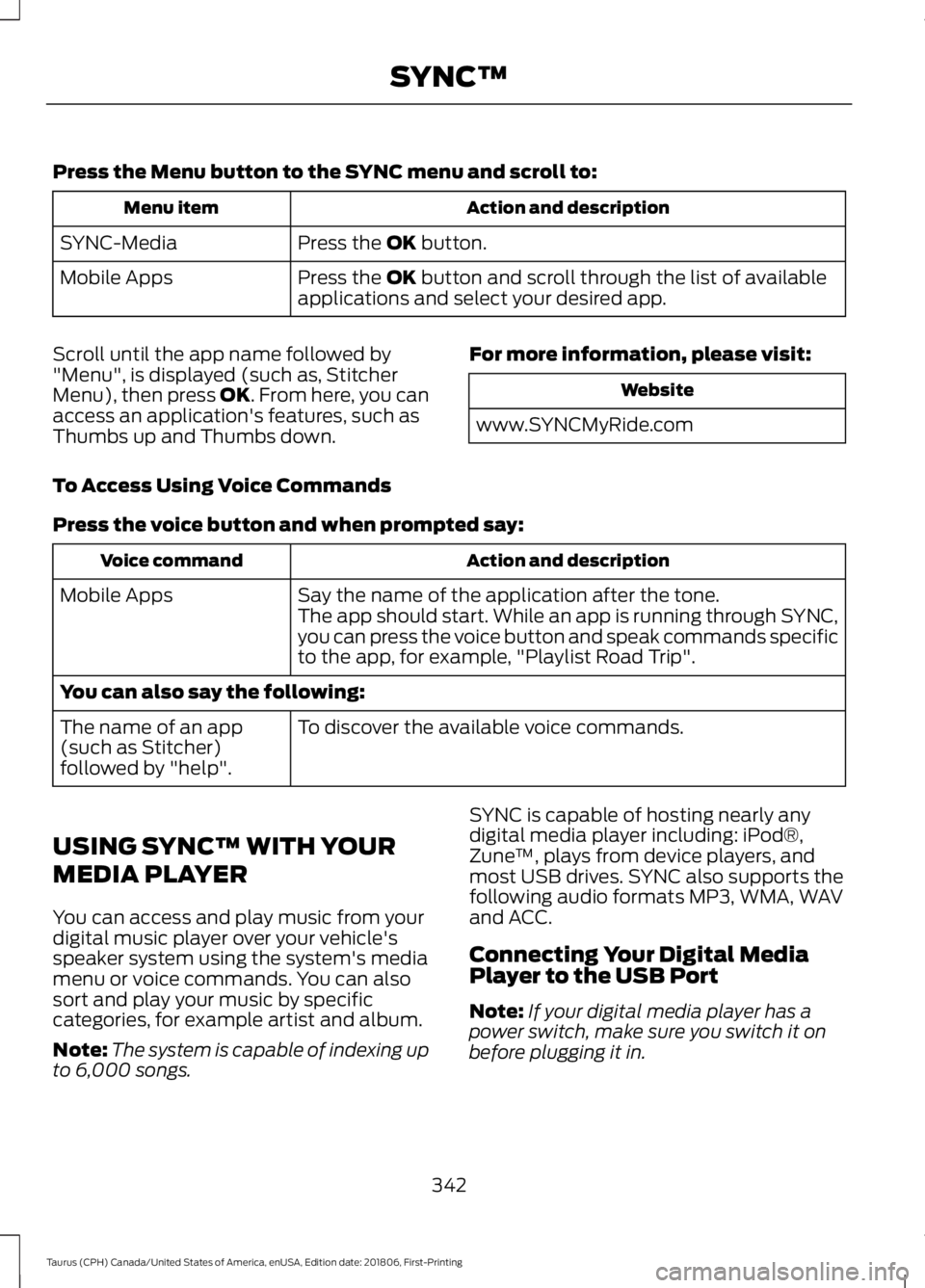 FORD TAURUS 2019 Owners Manual Press the Menu button to the SYNC menu and scroll to:
Action and description
Menu item
Press the OK button.
SYNC-Media
Press the
OK button and scroll through the list of available
applications and se FORD TAURUS 2019 Owners Manual Press the Menu button to the SYNC menu and scroll to:
Action and description
Menu item
Press the OK button.
SYNC-Media
Press the
OK button and scroll through the list of available
applications and se