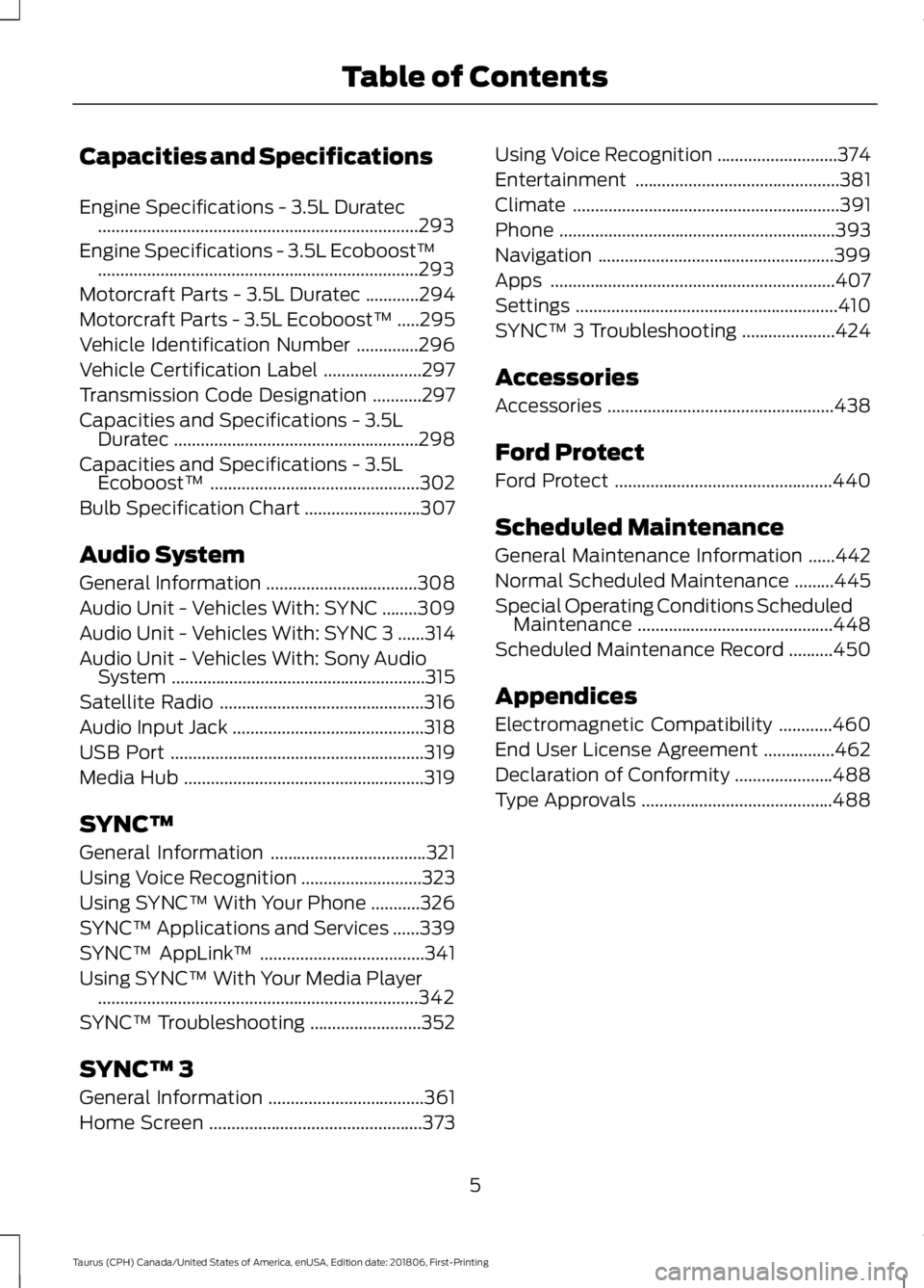 FORD TAURUS 2019 Owners Manual Capacities and Specifications
Engine Specifications - 3.5L Duratec
........................................................................\
293
Engine Specifications - 3.5L Ecoboost™ .............. FORD TAURUS 2019 Owners Manual Capacities and Specifications
Engine Specifications - 3.5L Duratec
........................................................................\
293
Engine Specifications - 3.5L Ecoboost™ ..............