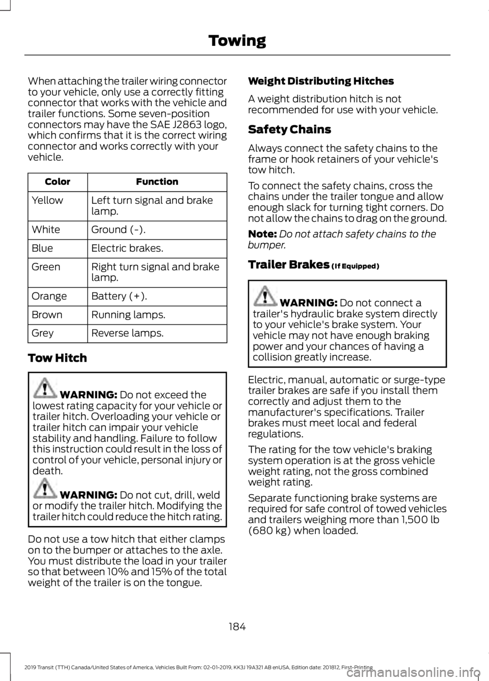 FORD TRANSIT 2019 Owners Manual When attaching the trailer wiring connector
to your vehicle, only use a correctly fitting
connector that works with the vehicle and
trailer functions. Some seven-position
connectors may have the SAE J FORD TRANSIT 2019 Owners Manual When attaching the trailer wiring connector
to your vehicle, only use a correctly fitting
connector that works with the vehicle and
trailer functions. Some seven-position
connectors may have the SAE J