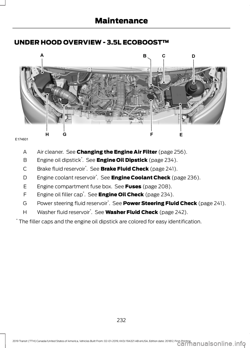FORD TRANSIT 2019 Owners Manual UNDER HOOD OVERVIEW - 3.5L ECOBOOST™
Air cleaner. See Changing the Engine Air Filter (page 256).
A
Engine oil dipstick *
. See
Engine Oil Dipstick (page 234).
B
Brake fluid reservoir *
. See
Br FORD TRANSIT 2019 Owners Manual UNDER HOOD OVERVIEW - 3.5L ECOBOOST™
Air cleaner. See Changing the Engine Air Filter (page 256).
A
Engine oil dipstick *
. See
Engine Oil Dipstick (page 234).
B
Brake fluid reservoir *
. See
Br