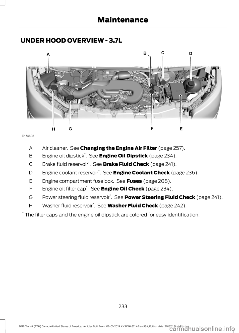 FORD TRANSIT 2019 Owners Manual UNDER HOOD OVERVIEW - 3.7L
Air cleaner. See Changing the Engine Air Filter (page 257).
A
Engine oil dipstick *
. See
Engine Oil Dipstick (page 234).
B
Brake fluid reservoir *
. See
Brake Fluid Ch FORD TRANSIT 2019 Owners Manual UNDER HOOD OVERVIEW - 3.7L
Air cleaner. See Changing the Engine Air Filter (page 257).
A
Engine oil dipstick *
. See
Engine Oil Dipstick (page 234).
B
Brake fluid reservoir *
. See
Brake Fluid Ch
