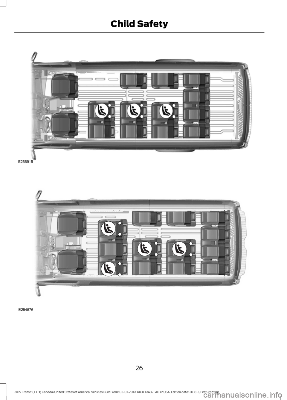 FORD TRANSIT 2019 Owners Manual 26
2019 Transit (TTH) Canada/United States of America, Vehicles Built From: 02-01-2019, KK3J 19A321 AB enUSA, Edition date: 201812, First-Printing Child SafetyE266915 E254576 FORD TRANSIT 2019 Owners Manual 26
2019 Transit (TTH) Canada/United States of America, Vehicles Built From: 02-01-2019, KK3J 19A321 AB enUSA, Edition date: 201812, First-Printing Child SafetyE266915 E254576