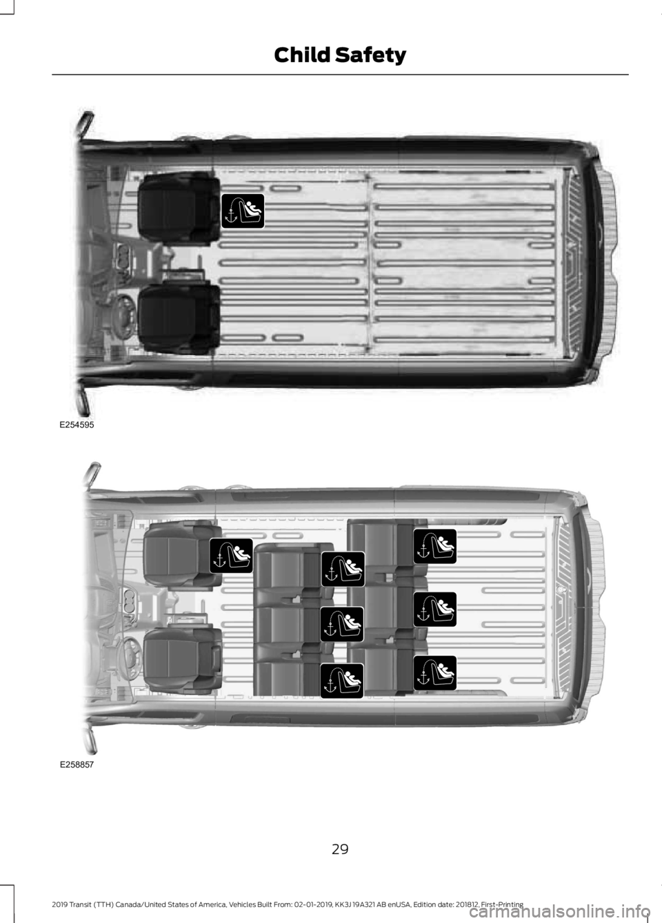 FORD TRANSIT 2019 Owners Guide 29
2019 Transit (TTH) Canada/United States of America, Vehicles Built From: 02-01-2019, KK3J 19A321 AB enUSA, Edition date: 201812, First-Printing Child SafetyE254595 E258857  
