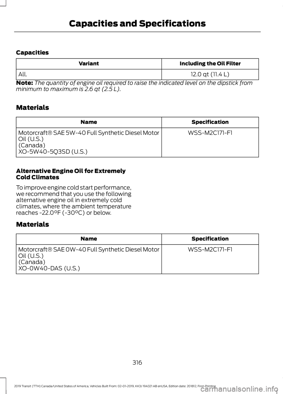 FORD TRANSIT 2019  Owners Manual Capacities
Including the Oil Filter
Variant
12.0 qt (11.4 L)
All.
Note: The quantity of engine oil required to raise the indicated level on the dipstick from
minimum to maximum is 2.6 qt (2.5 L).
Mate