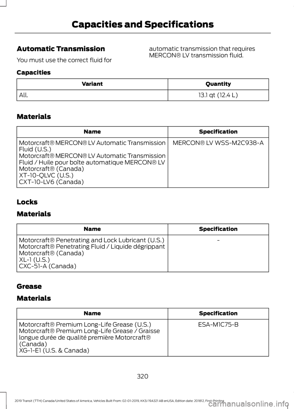 FORD TRANSIT 2019 Owners Manual Automatic Transmission
You must use the correct fluid for
automatic transmission that requires
MERCON® LV transmission fluid.
Capacities Quantity
Variant
13.1 qt (12.4 L)
All.
Materials Specification FORD TRANSIT 2019 Owners Manual Automatic Transmission
You must use the correct fluid for
automatic transmission that requires
MERCON® LV transmission fluid.
Capacities Quantity
Variant
13.1 qt (12.4 L)
All.
Materials Specification
