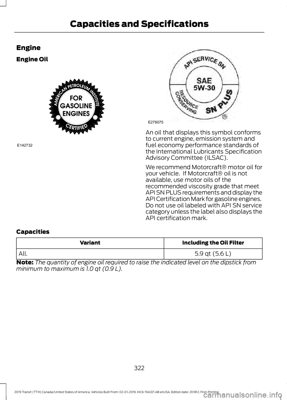 FORD TRANSIT 2019  Owners Manual Engine
Engine Oil
An oil that displays this symbol conforms
to current engine, emission system and
fuel economy performance standards of
the International Lubricants Specification
Advisory Committee (